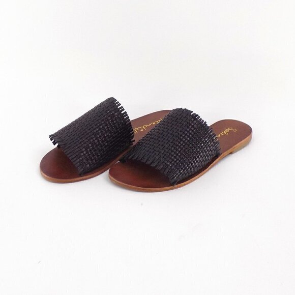 Splendid Slide Sandals Leather Woven Upper Fringe Flats Size 6 Black Brown - Picture 1 of 7